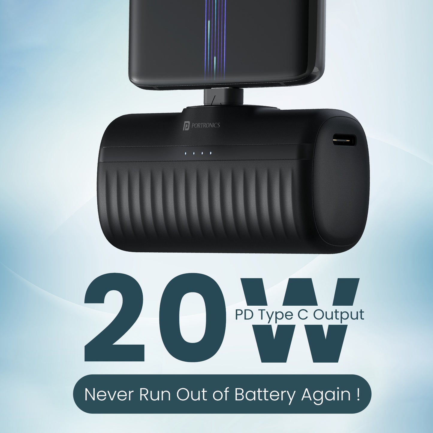 Black Portronics Pebble smallest power bank under ₹1000 lightweight, mini charger with universal compatibility| power bank with 20w type c output