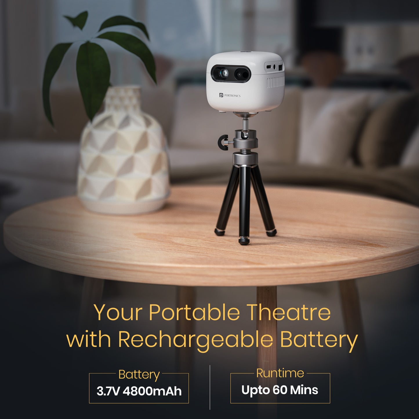 Portronics Pico 14 Smart Mini Projector | Rechargeable 4800 mAh battery with up to 60 minutes playtime, plug-and-play design with included tripod | Travel-friendly portable projector for outdoor and indoor use