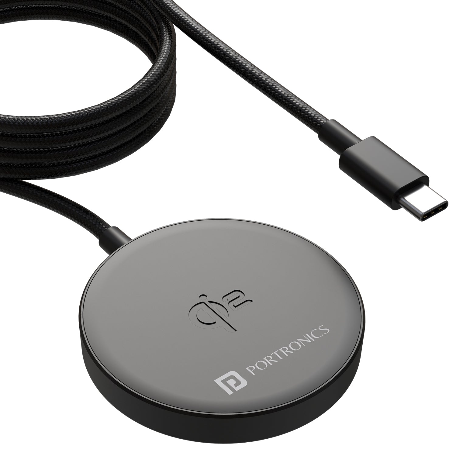 Black Portronics Quikk Wireless Mobile Charging Pad delivers fast 15W charging for iPhone, Samsung, and other Qi-enabled devices, ensuring seamless and safe wireless power