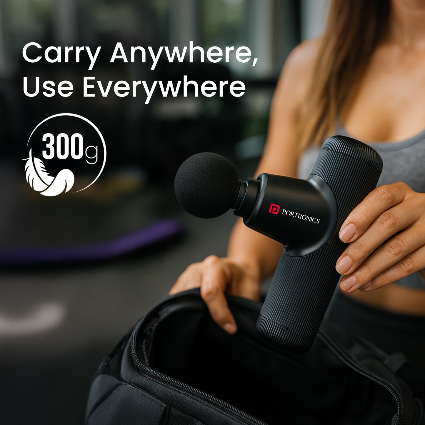 Portronics Rechargeable Mini Massager Gun weighing only 300 grams, offering portable pain relief and professional-grade massage experience on-the-go.