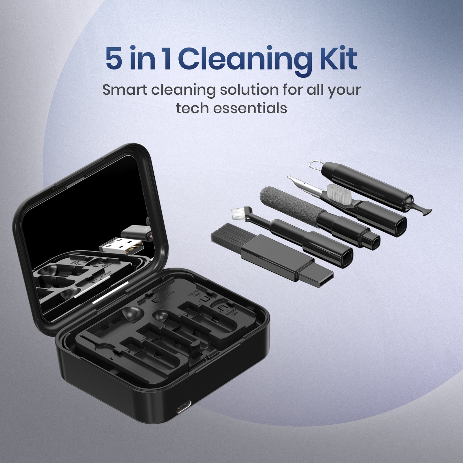 Black Portronics Smartpod Multifunctional Cable Kit | 5-in-1 Cleaning and Charging Combo for Gadgets | Multifunctional Fast Charging Data Cable Kit, wireless phone charger