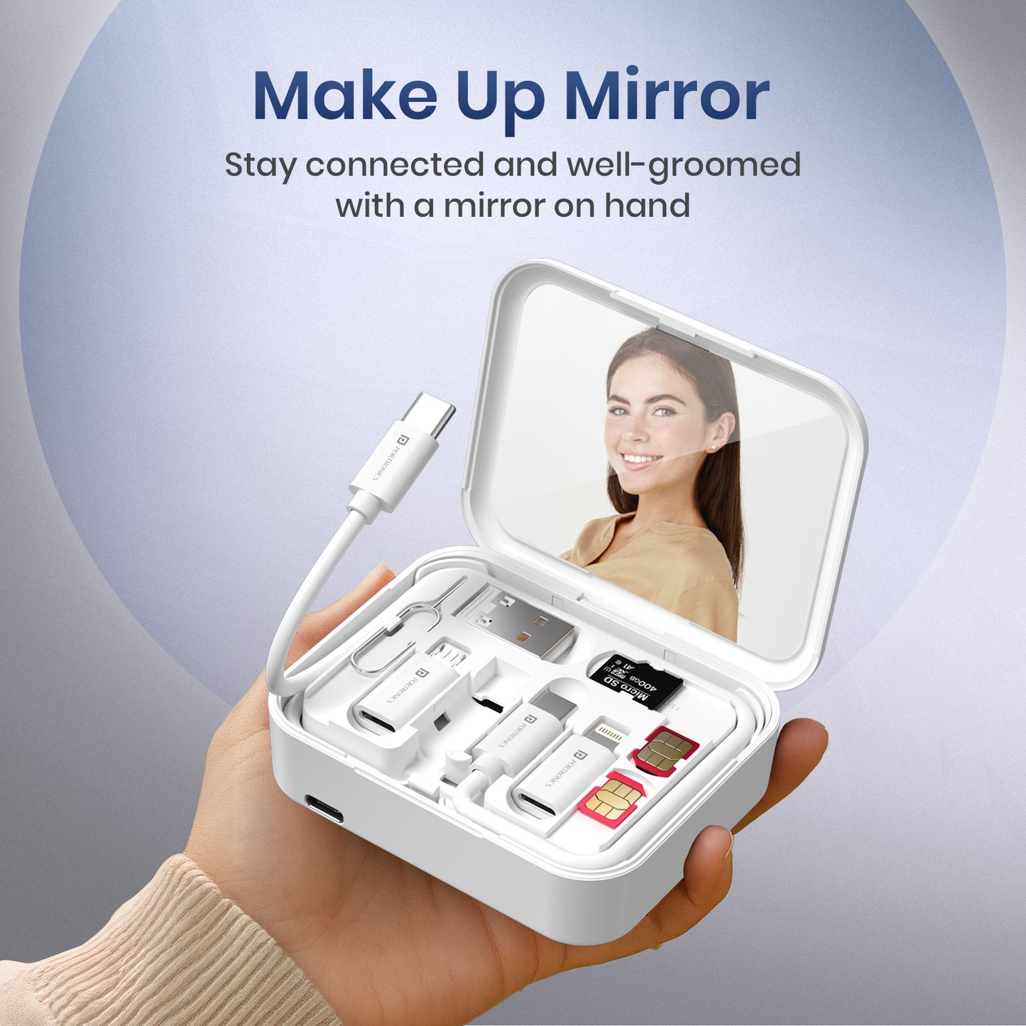 White Portronics Smartpod Wireless Mobile Charger | Multifunctional Storage Box with Built-in Mirror | wireless charging stand, wireless mobile charger