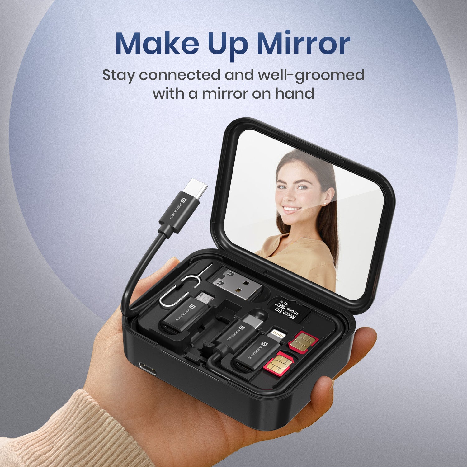 Black Portronics Smartpod Mobile Phone Stand with Wireless Charging | Hands-Free Use with Built-in Mirror | mobile phone stand, wireless mobile charger