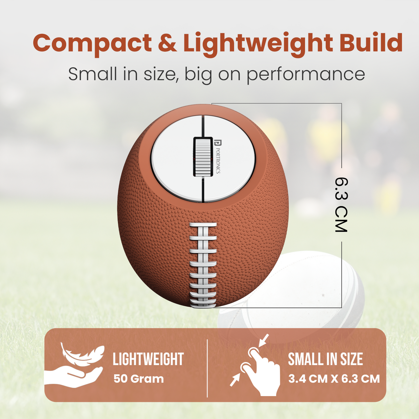 Portronics ToadPlay Rugby Bluetooth wireless mouse and USB wireless mouse combo featuring a sporty rugby ball shape, eco-friendly rechargeable design, ideal best laptop mouse for professionals