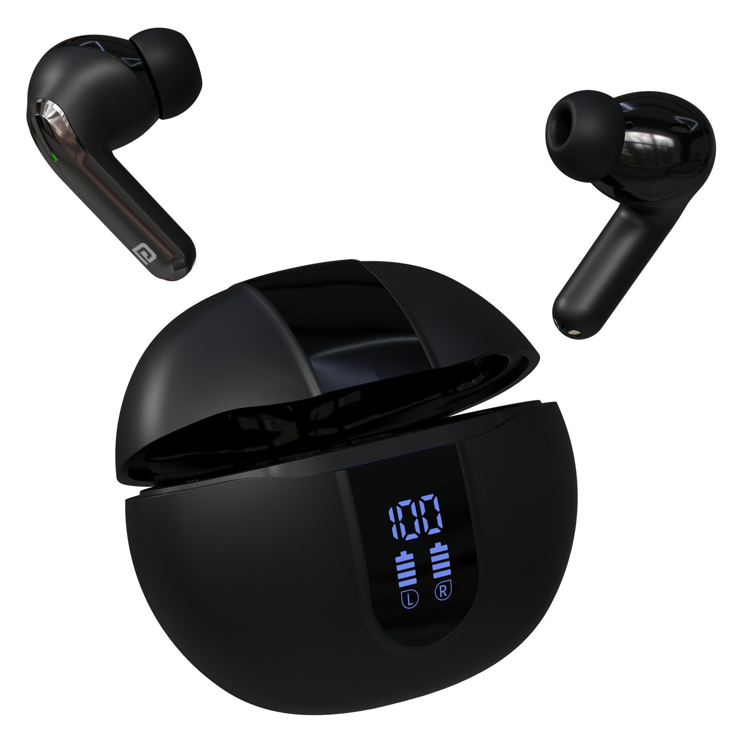 Black Portronics Twins 29 wireless earbuds with 30 hours playtime and digital display for all-day music and calls| best earbuds online| earbuds under 1500
