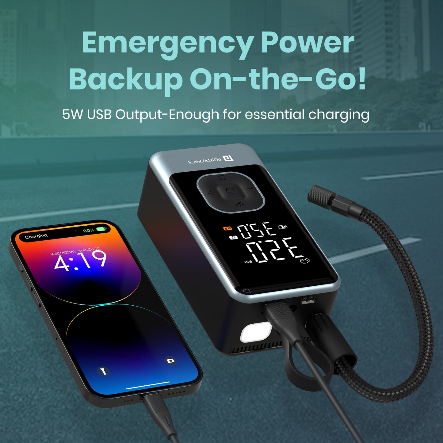 Portable Tyre Inflator for Cars | Portronics Vayu 8.0 with LED Torch, Preset Modes and Hanging Support| Best Portable Tyre Inflator for Emergency Use