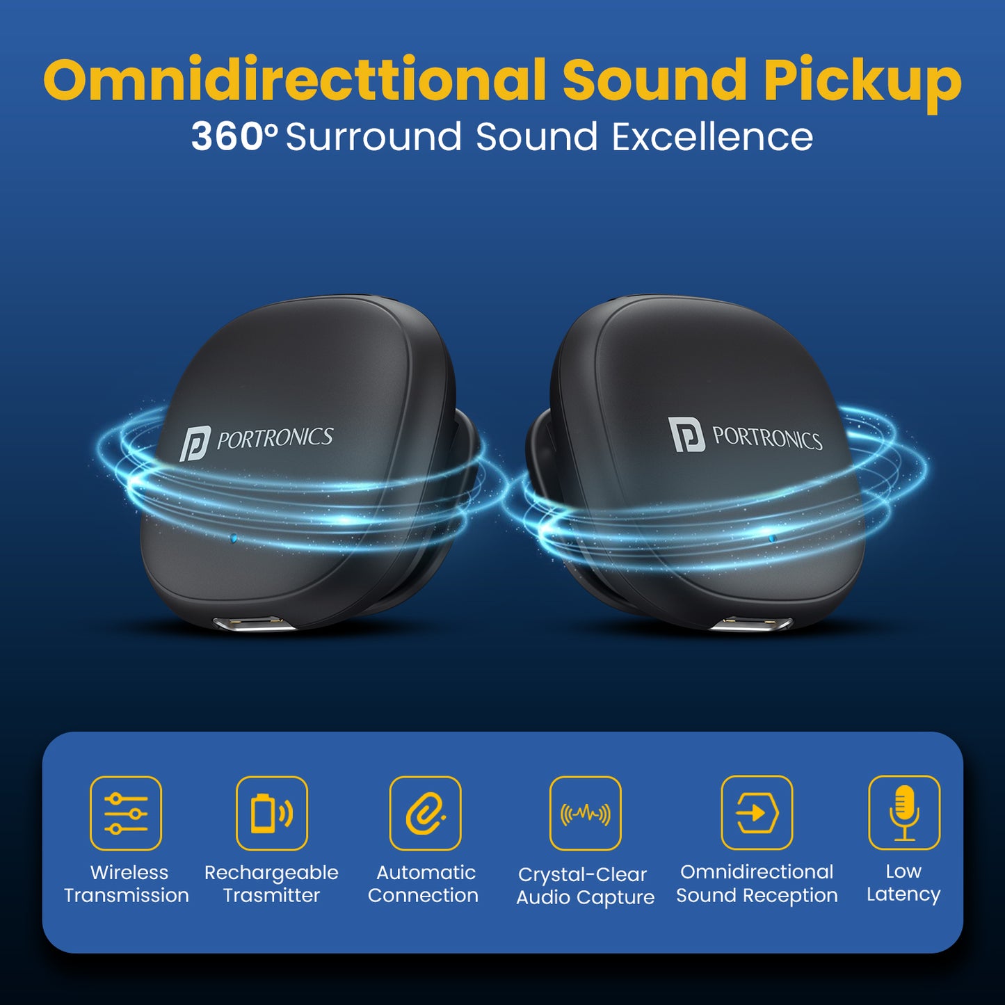 Portronics VlogMate One 360° omnidirectional wireless microphone | wireless mic for multi-person dialogues | portable microphone for content creators