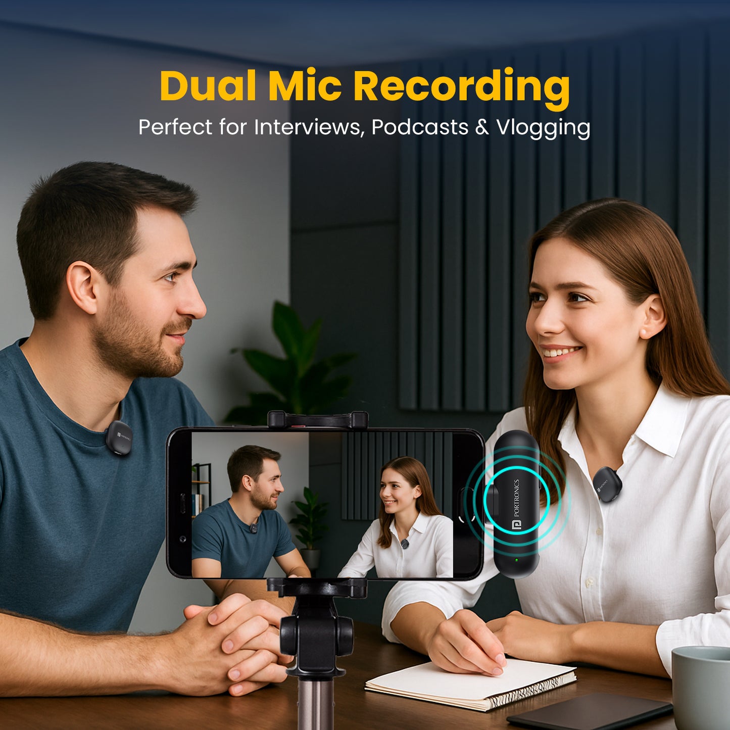 Portronics VlogMate One wireless recording microphone | dual wireless mic setup for vloggers | best audio accessories for interviews and video shoots