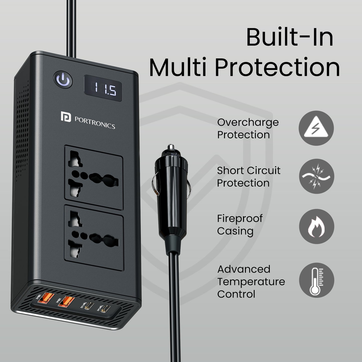 Portronics Zaptor fast car charger adapter with built-in safety protection | Prevents overcharge, short circuit and overheating | This car fast charger adapter keeps your Android and iPhone devices safe during travel.