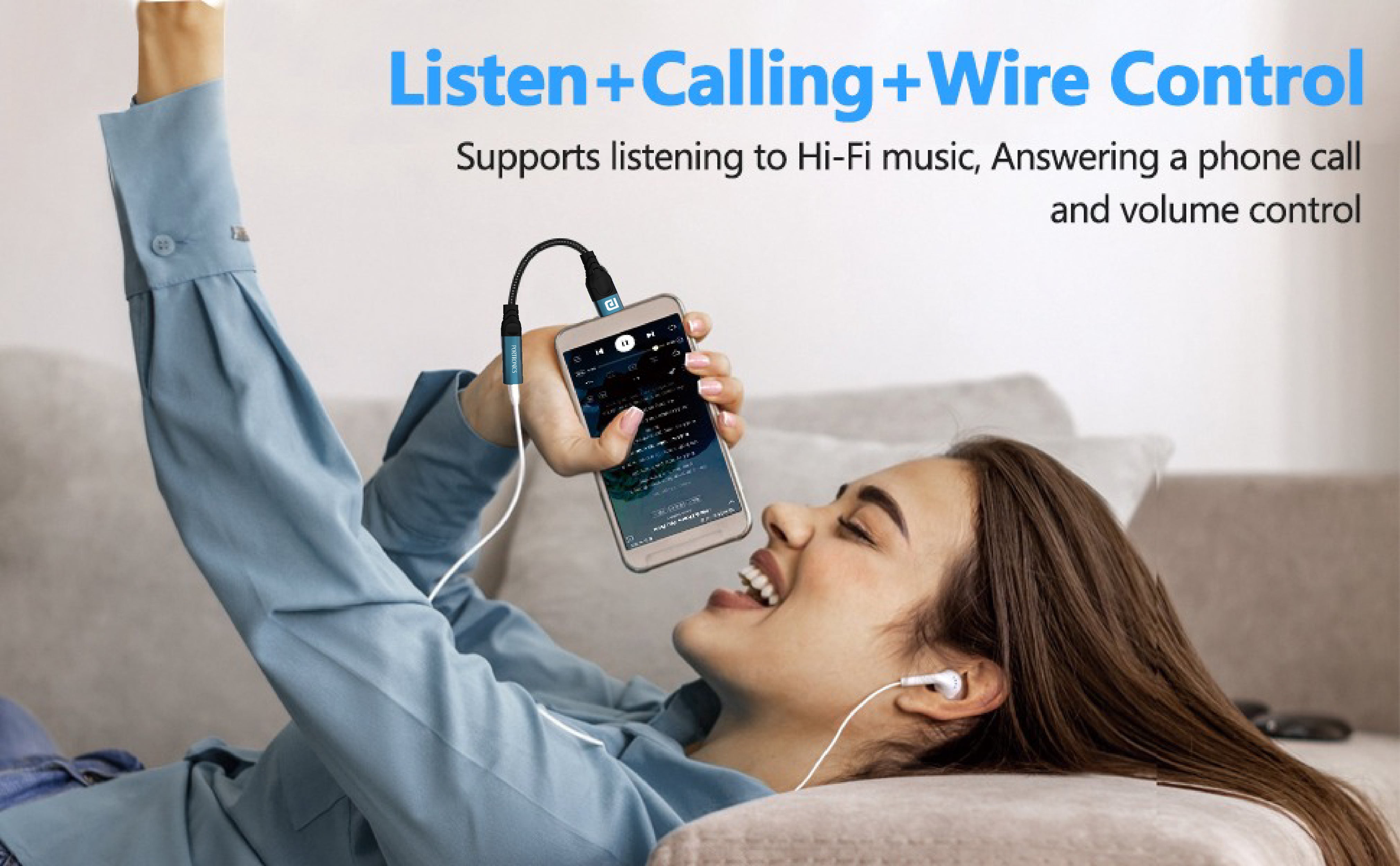 Blue Portronics iKonnect C Pro Type C to 3.5mm aux adapter, enabling high-fidelity audio transmission for music, calls, and wire control functions