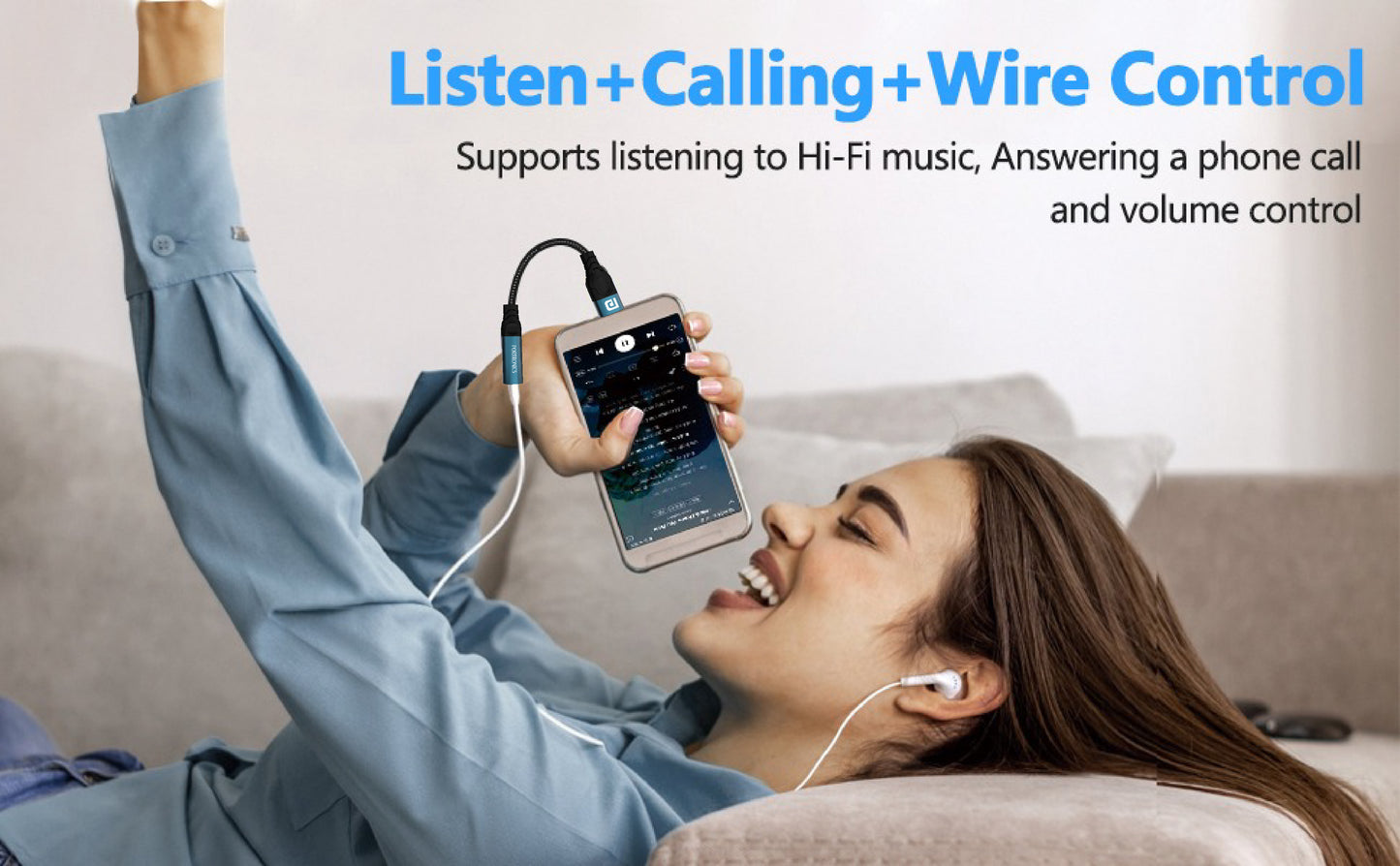 Blue Portronics iKonnect C Pro Type C to 3.5mm aux adapter, enabling high-fidelity audio transmission for music, calls, and wire control functions