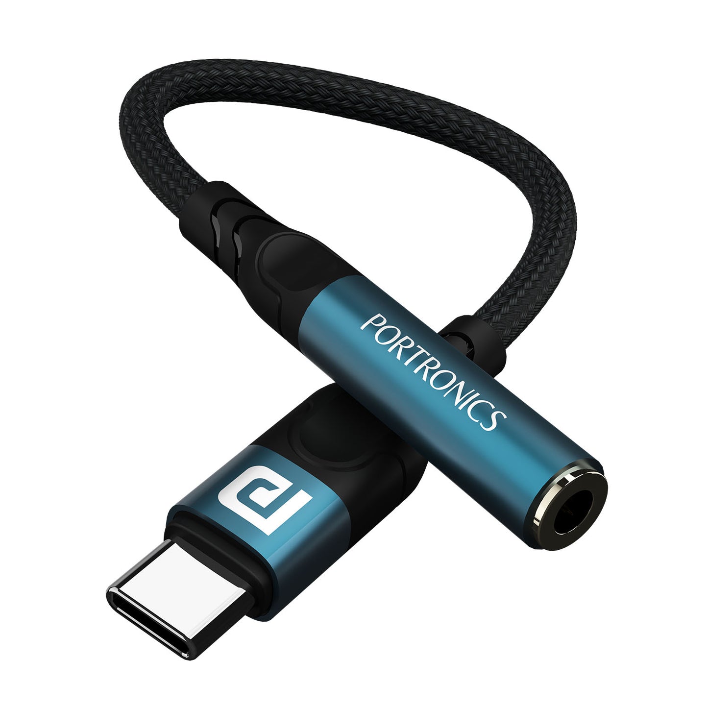 Blue Portronics iKonnect C Pro Type C to 3.5mm jack adapter with built-in DAC for premium sound quality and seamless music, calls, and wire control functions