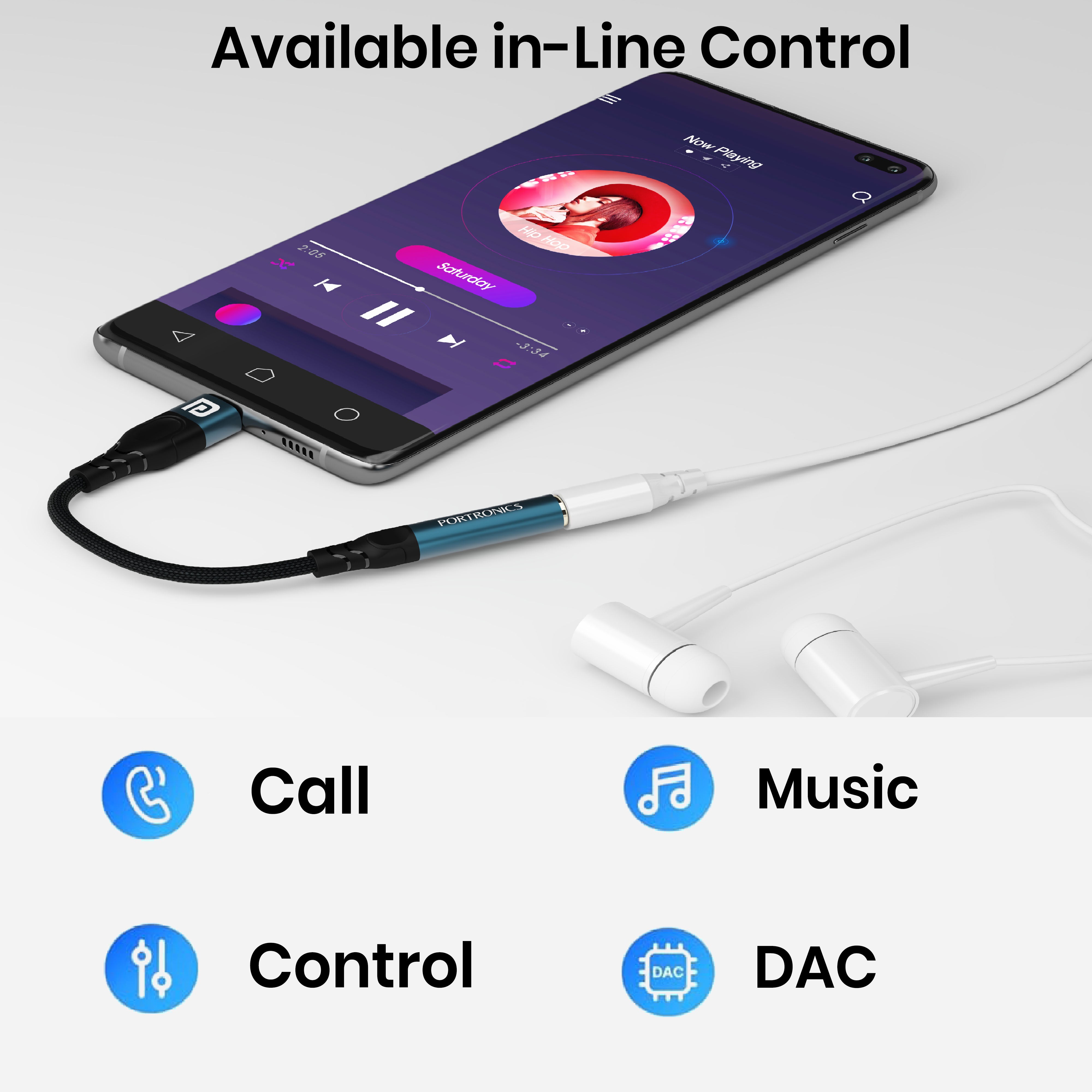 Blue Portronics iKonnect C Pro USB connector for audio, designed to connect USB-C devices to 3.5mm jack headphones with a durable, tangle-free braided cable