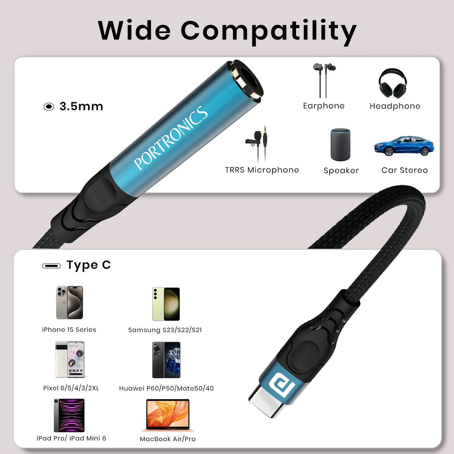 Blue Portronics iKonnect C Pro universal audio connector, compatible with Samsung, OnePlus, Google Pixel, iPad Pro, Huawei, and more USB-C devices