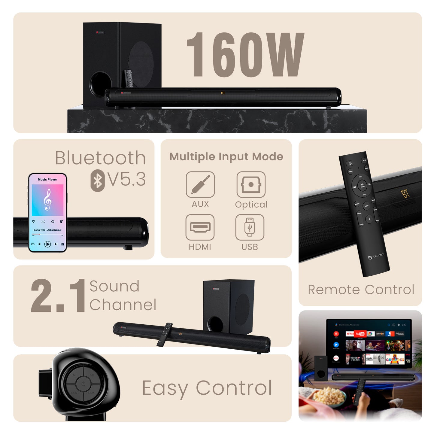 Portronics pure sound 108 160w bluetooth soundbar with subwoofer| best soundbar for tv with subwoofer with easy control and remote control
