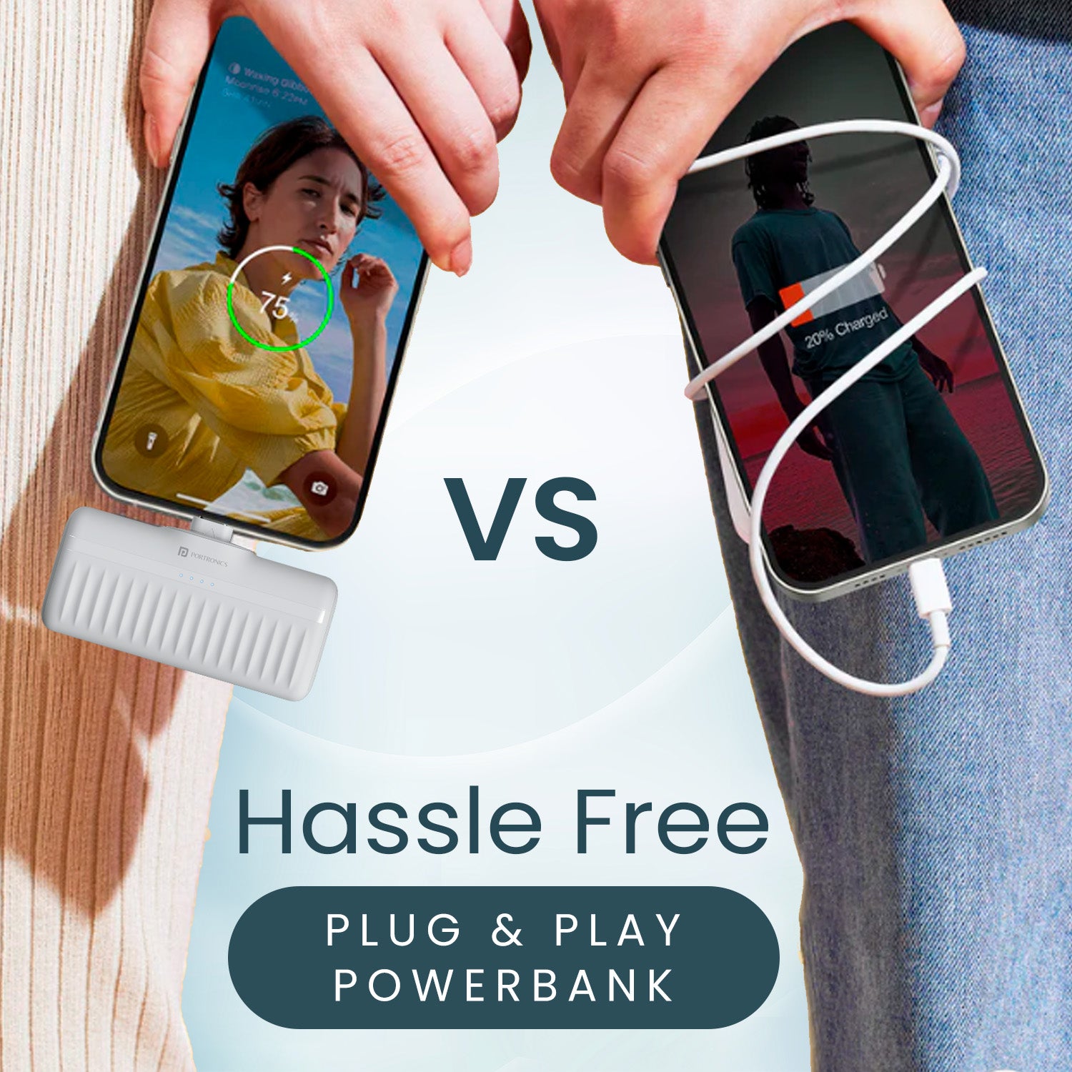 White Powerbank for mobile Portronics Pebble pocket-sized 5000mAh with 20W fast charging performance, foldable Type C pin and durable lightweight construction for daily use