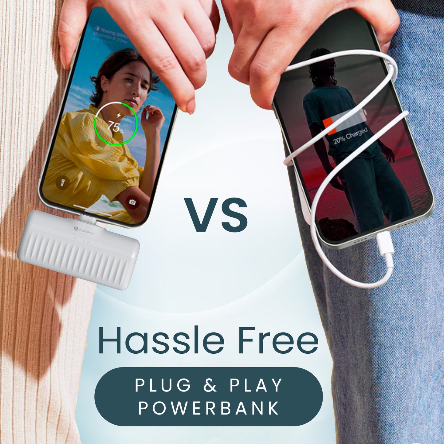 White Powerbank for mobile Portronics Pebble pocket-sized 5000mAh with 20W fast charging performance, foldable Type C pin and durable lightweight construction for daily use