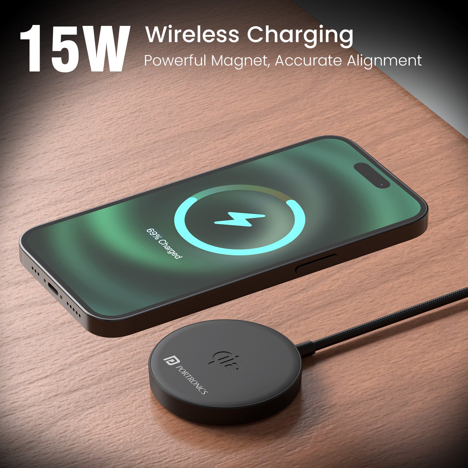 Black Quikk Wireless Charger for iPhone and Android offers a stylish, clutter-free design with a powerful 15W output
