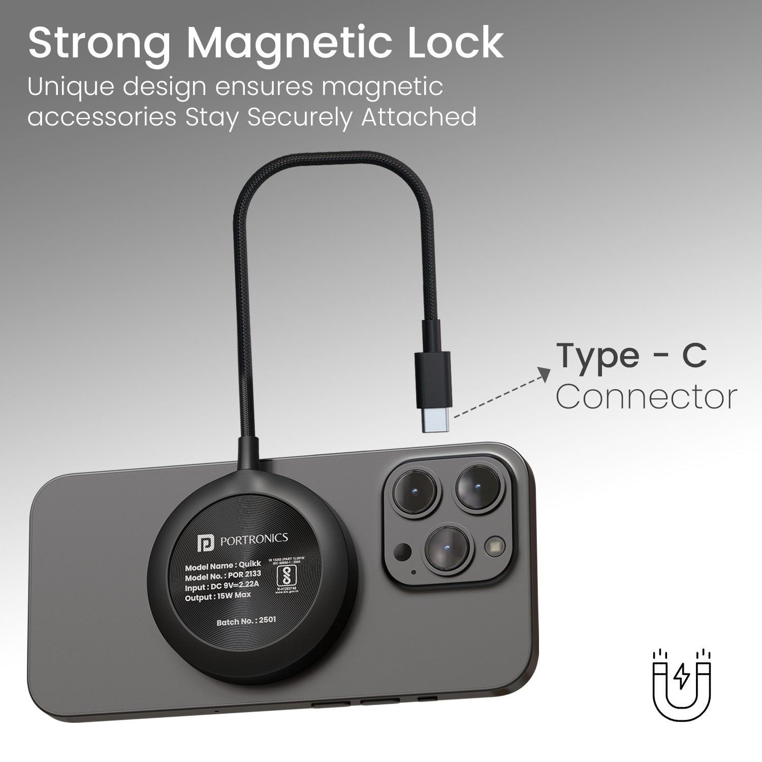 Black portronics Quikk magnetic wireless charger for iPhone, featuring a secure magnetic lock, Type-C fast charging, and premium safety features for worry-free use