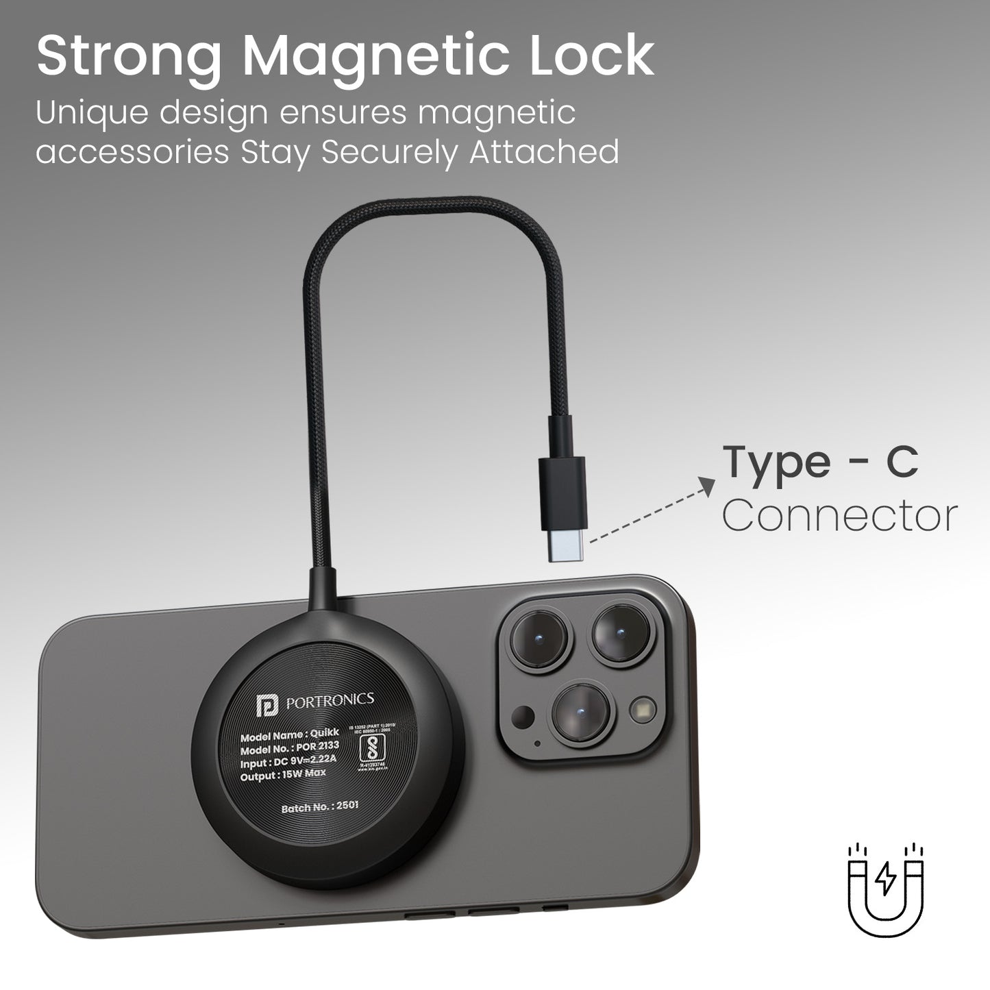 Black portronics Quikk magnetic wireless charger for iPhone, featuring a secure magnetic lock, Type-C fast charging, and premium safety features for worry-free use
