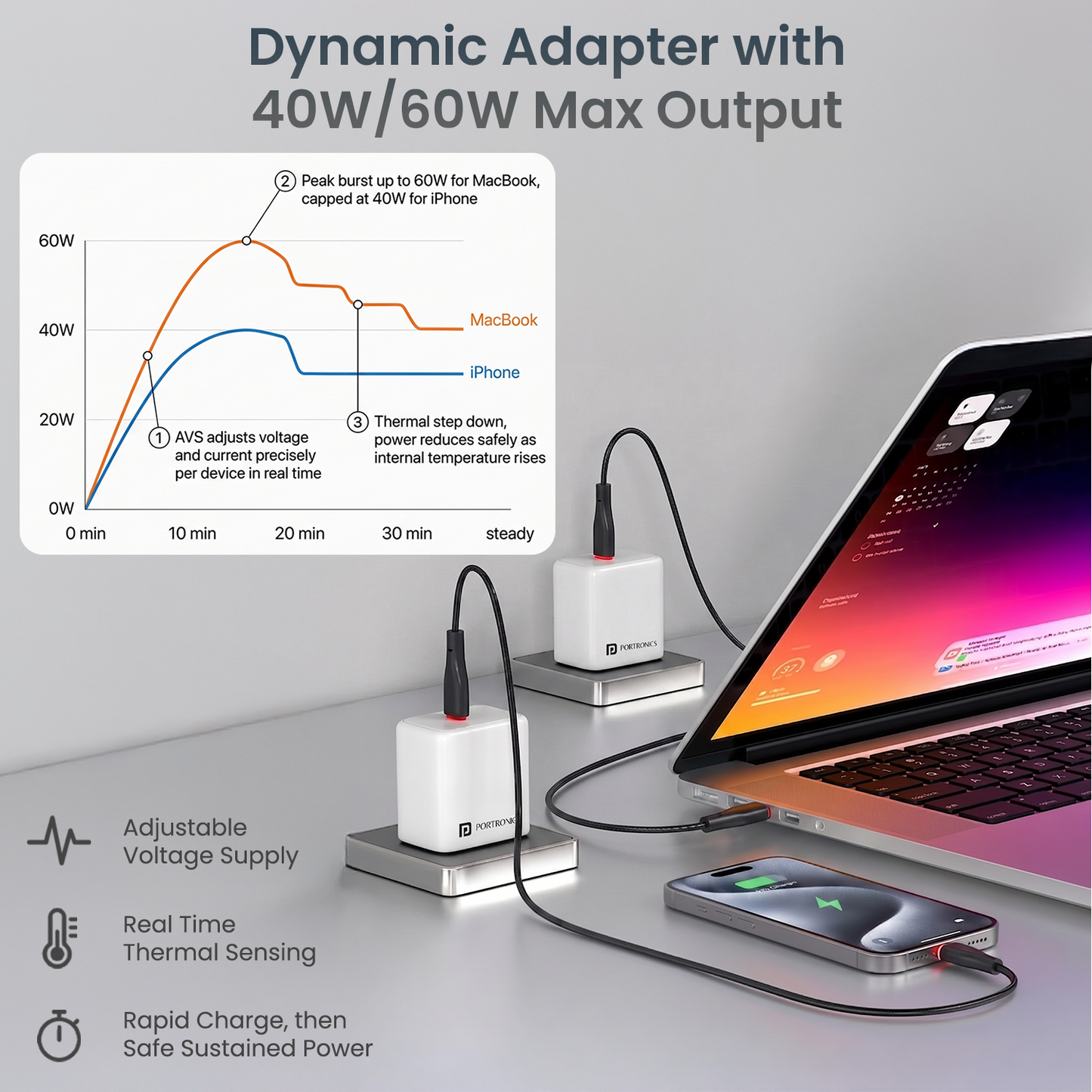 portronics adapto 40avs 60w peak charger | adaptive voltage supply dynamic output pps fast charger | simultaneous laptop and phone charging charger adapter | usb c power adapter