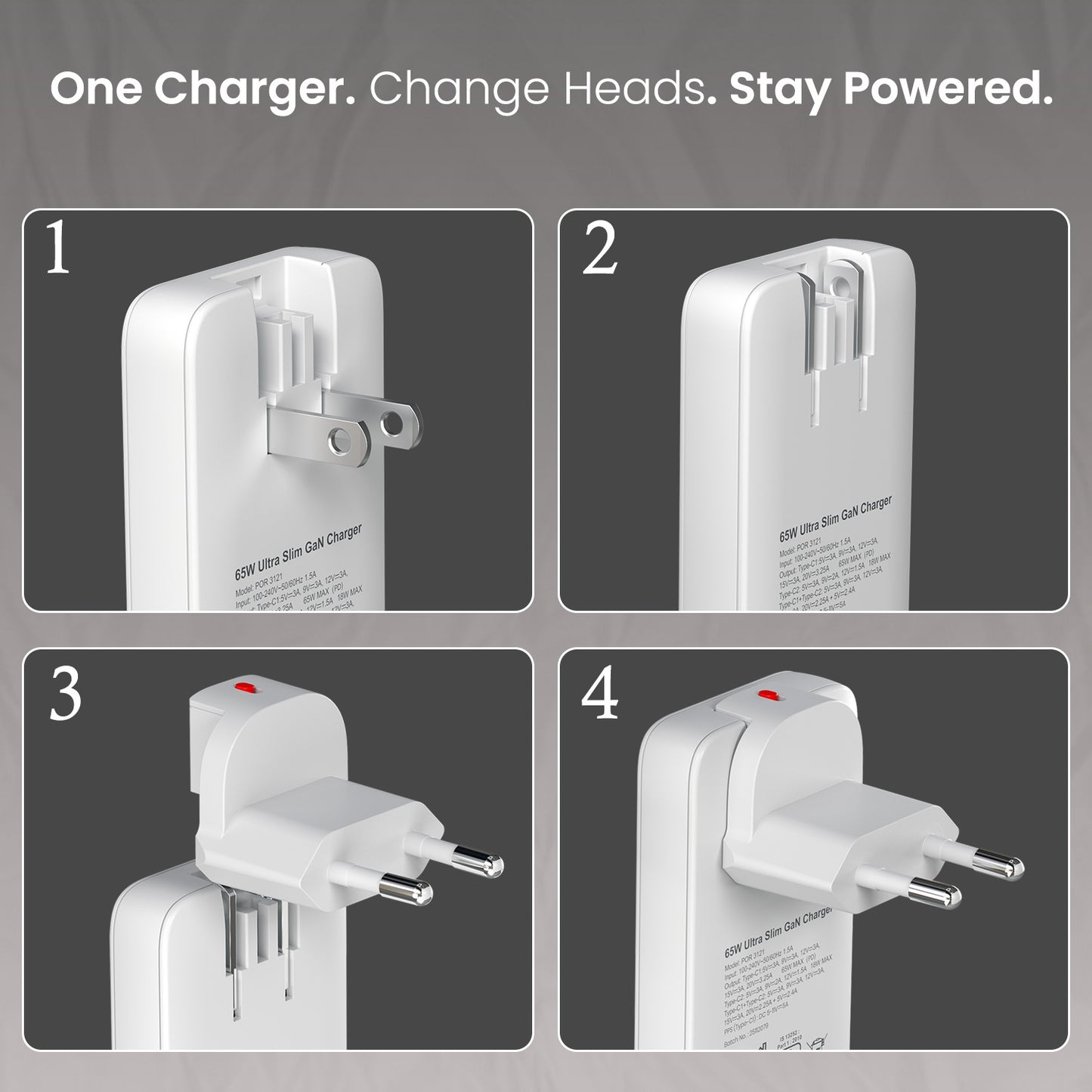 portronics adapto 65u type c adapter | plugged into wall socket angle | charger adapter with universal adapter stability for type c charging
