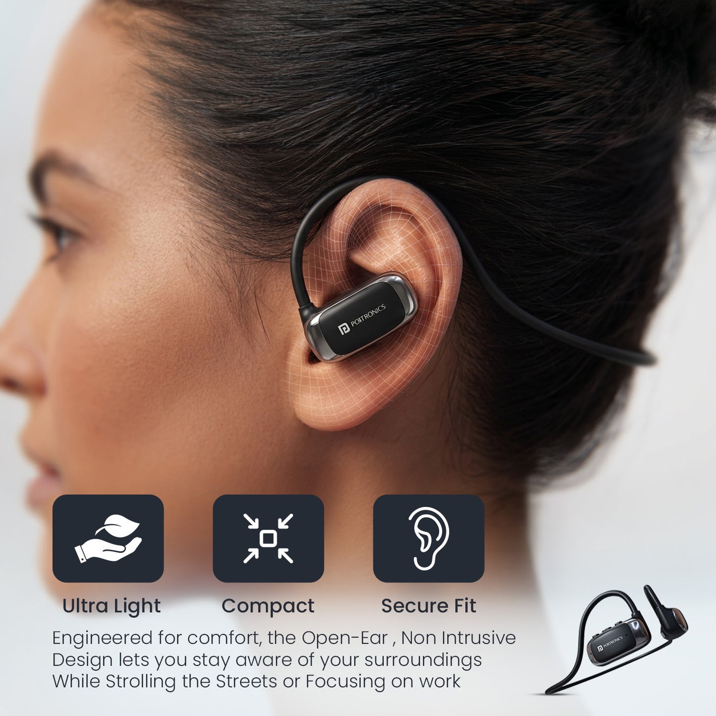 portronics aero tune ultra light compact and secure fit open ear wireless neckband | best wireless neckband with non intrusive design for streets and office use | neckband headphones with bluetooth connectivity and all-day comfort