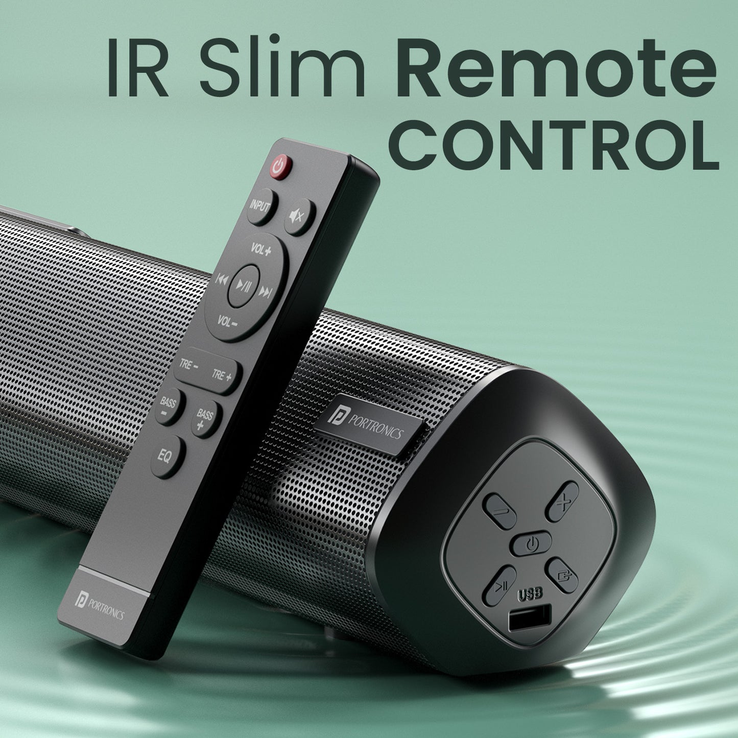 portronics cinearc bluetooth soundbar with IR slim remote control for effortless volume mode and playback control | best soundbar in india with user friendly remote | soundbar speaker with convenient remote for home theatre use
