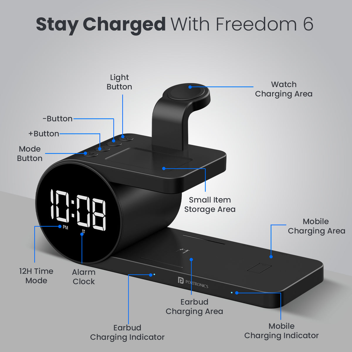 portronics freedom 6 phone charging station | type c power input with overcharge and thermal safety | safe overnight multi device power transfer | best 5 in 1 wireless charging station