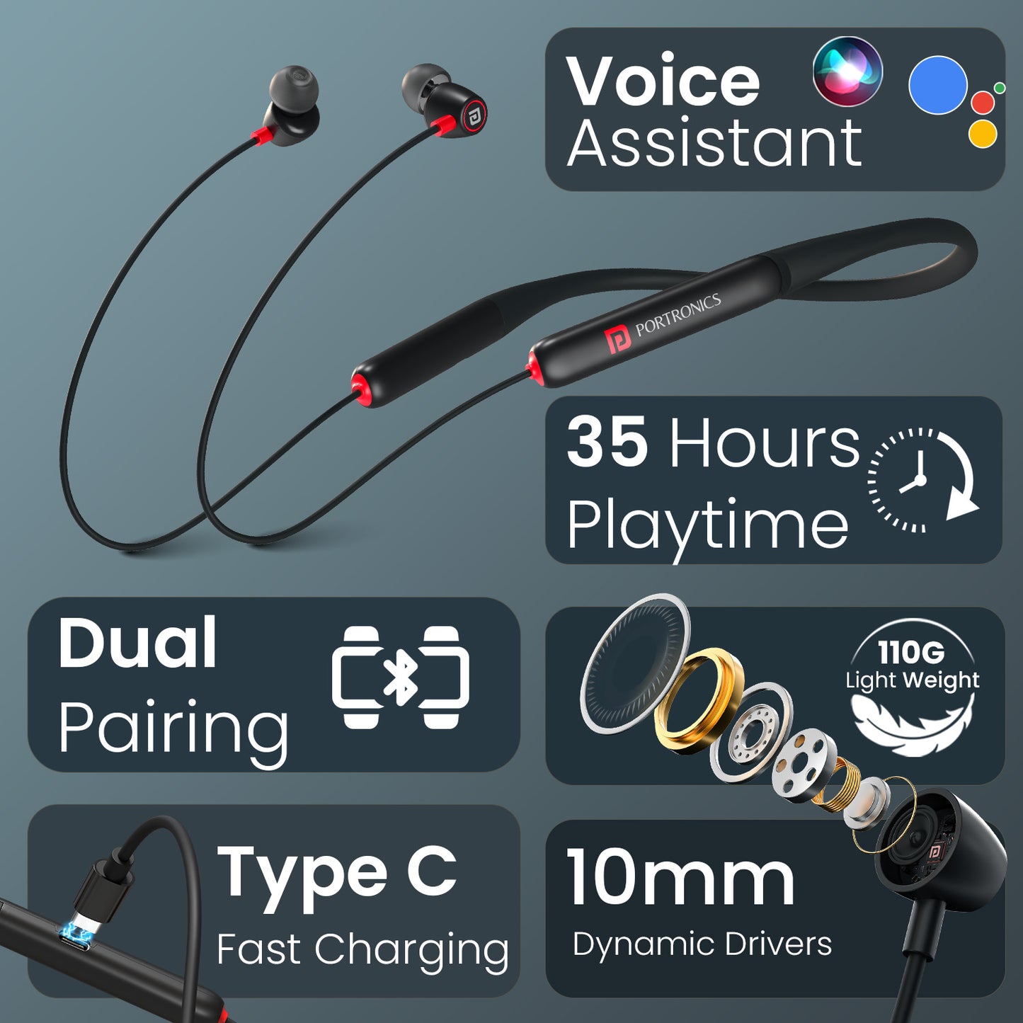 portronics harmonics z11 pro earphone | rich sound across genres, long playtime, splash-proof earphone | outdoor adventures & cycling bluetooth neckband