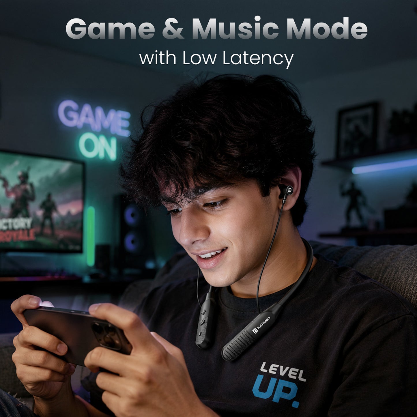 portronics harmonics z13 sports neckband with game and music mode and low latency for lag-free gaming and entertainment | bluetooth neckband earphone with wireless stereo headset performance for gamers and music lovers | best neckband earphones and wireless neckband with gaming mode support for immersive audio experience
