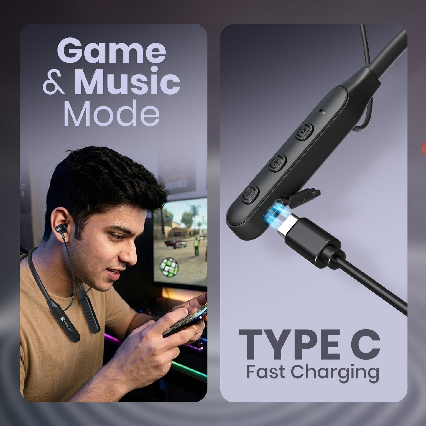 portronics harmonics z14 type-c fast charging neckband | wireless headphones with usb-c | bluetooth neckband earphone with quick charge support for on-the-go users