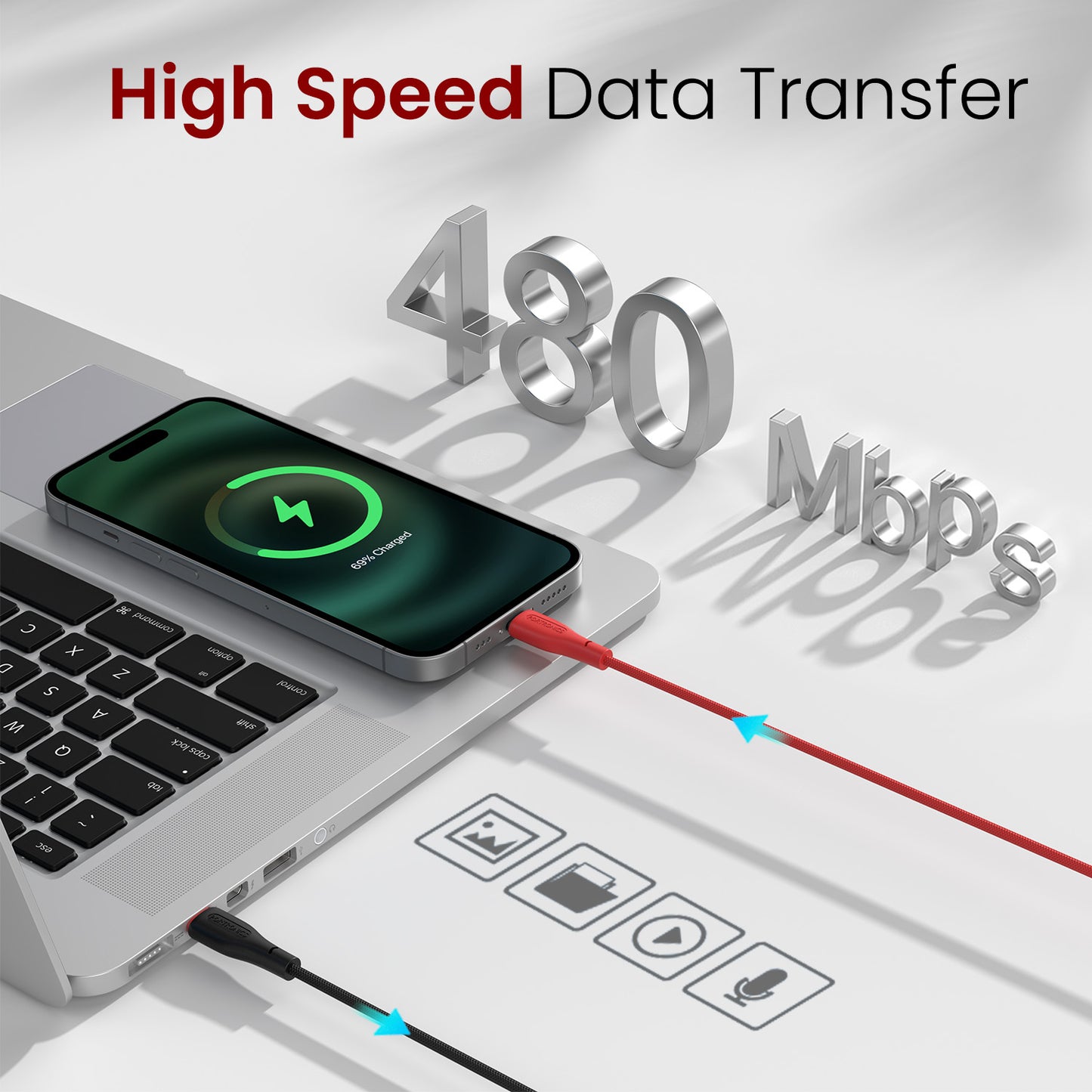 Black portronics hue x type c to type c cable | high-speed 480mbps data sync for photos videos music and file transfer | type c to type c cable for laptop to phone data transfer