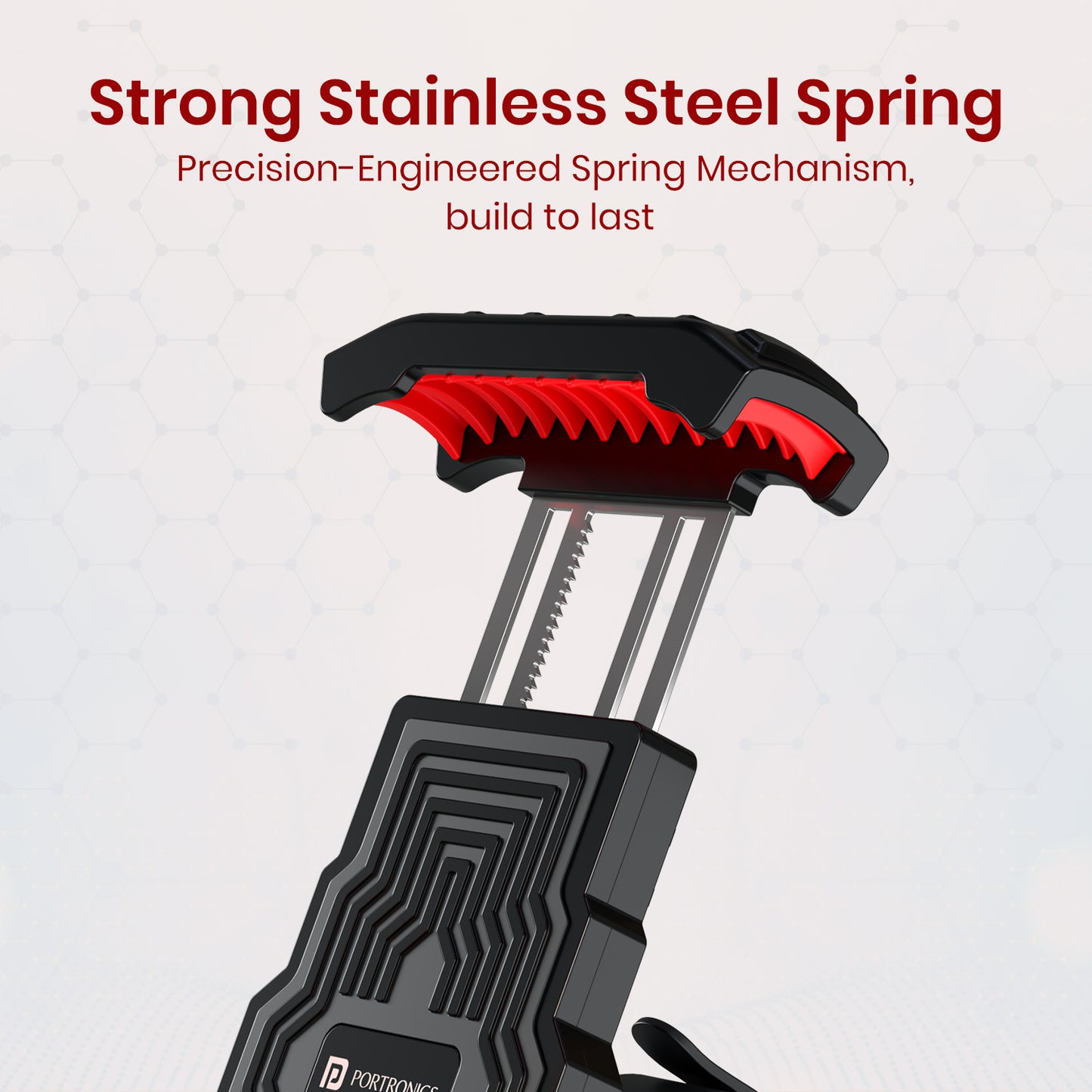portronics mobike prime strong stainless steel spring with precision-engineered spring mechanism | mobile holder for bike with corrosion-resistant stainless steel spring for superior elasticity and long-lasting durability | bike mobile holder featuring heavy-duty steel spring extension for firm grip through rough riding conditions | best mobile holder for bike with premium stainless steel spring mechanism built to last