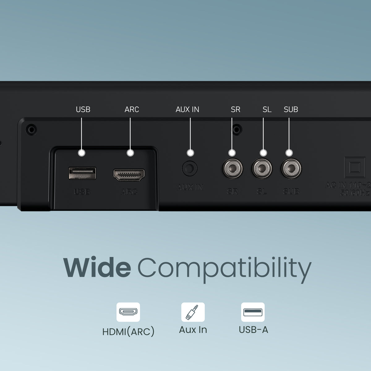 portronics pure sound pro x2 hdmi arc soundbar | rear interface hub equipped with hdmi arc input auxiliary audio jack usb drive port and dedicated surround ports | connecting smart televisions gaming consoles and external media players with single cable simplicity | best soundbar under 10000 with hdmi arc and aux in connectivity