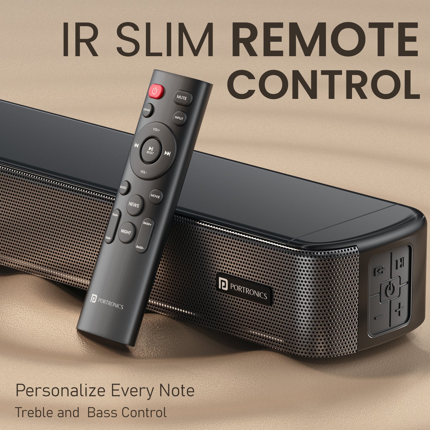 portronics spatial arc ir slim remote control soundbar with bass and treble control | best soundbar under 10000 with personalized sound control | wireless soundbar with subwoofer and slim remote for easy everyday use