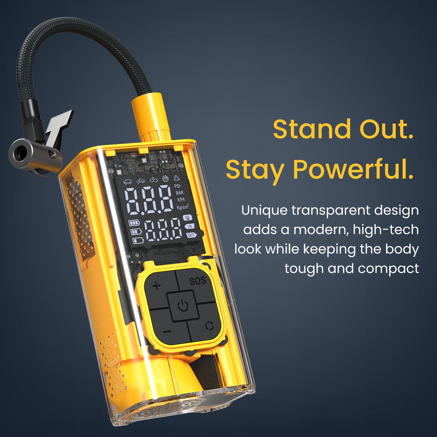 portronics vayu 3t wireless tyre inflator with unique transparent high-tech design – compact tough body with visible internal circuitry – best portable air pump for car and bike to buy online in india