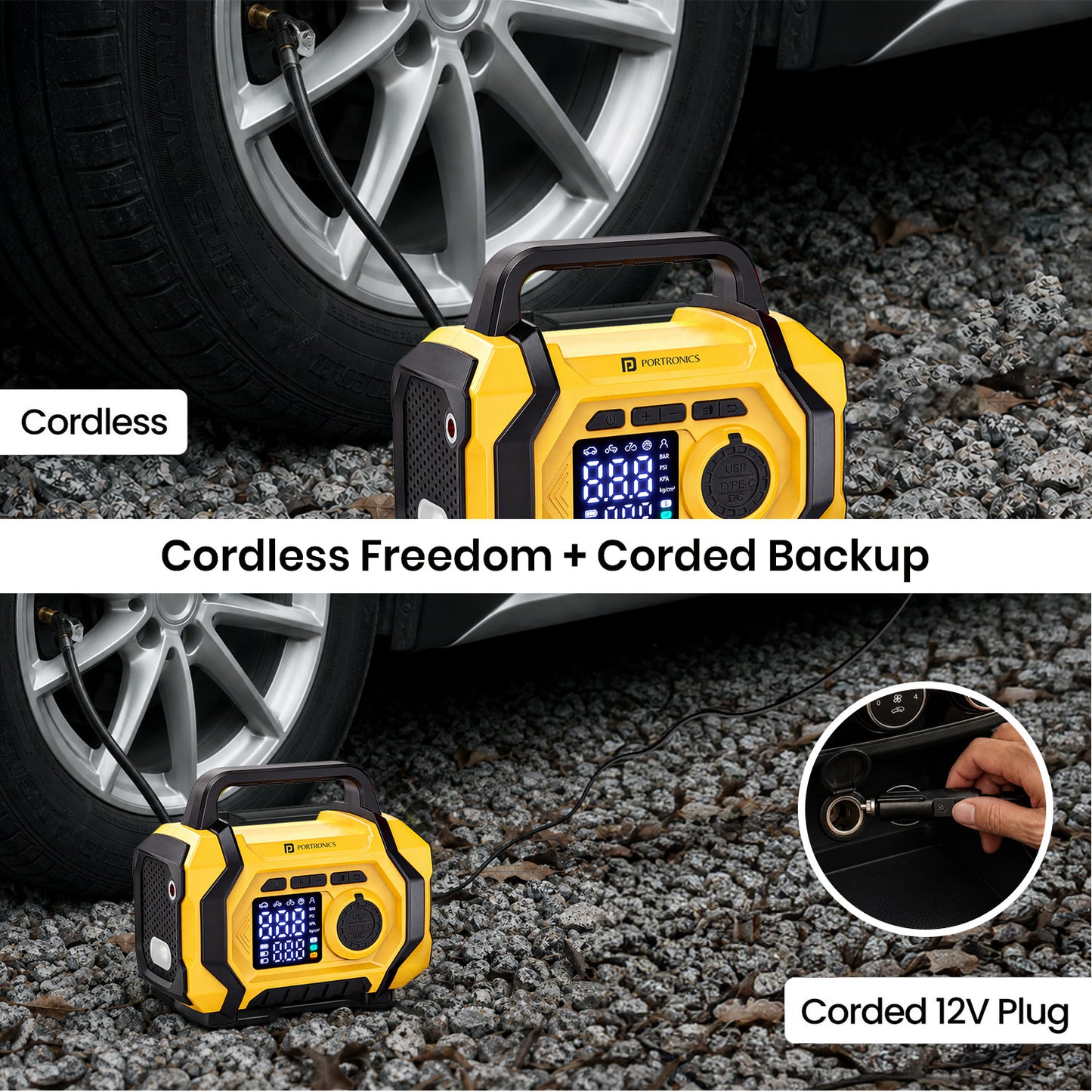 portronics vayu airplus cordless and corded tyre inflator dual modes | rechargeable cordless tyre inflator with 12v dc corded backup for uninterrupted inflation | portable air compressor offering cordless freedom and corded reliability for car bike and travel | best cordless and corded portable tyre inflator for car and bike