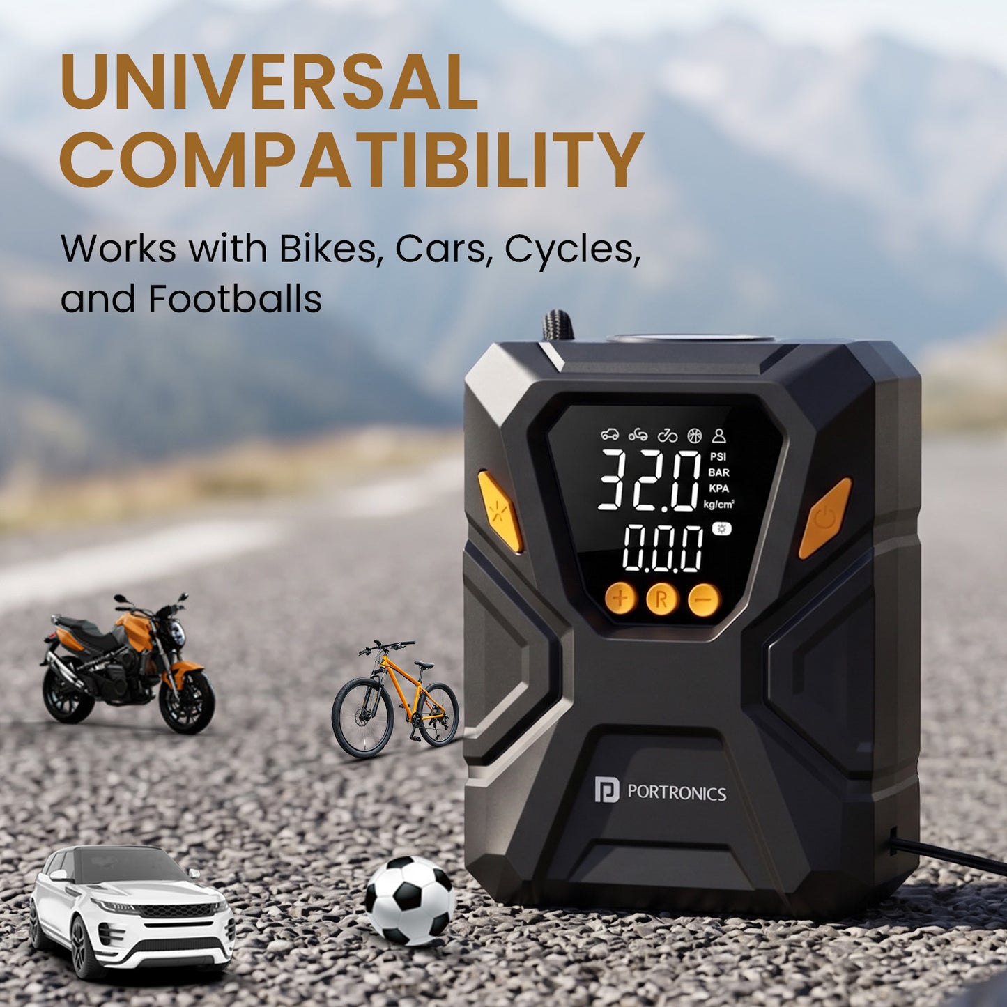 portronics vayu swift universal compatibility tyre inflator for bikes cars cycles and footballs | multi-use electric air pump for car tyre motorcycle tyre bicycle and sports ball inflation | corded tyre inflator with universal nozzle compatibility for two-wheelers and four-wheelers | best tyre inflator for car and bike with universal compatibility in india