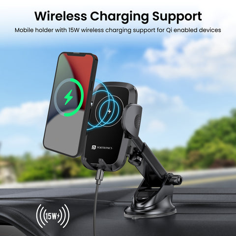 Portronics Charge Clamp 2 Mobile Holder for car with 15W wireless Charger