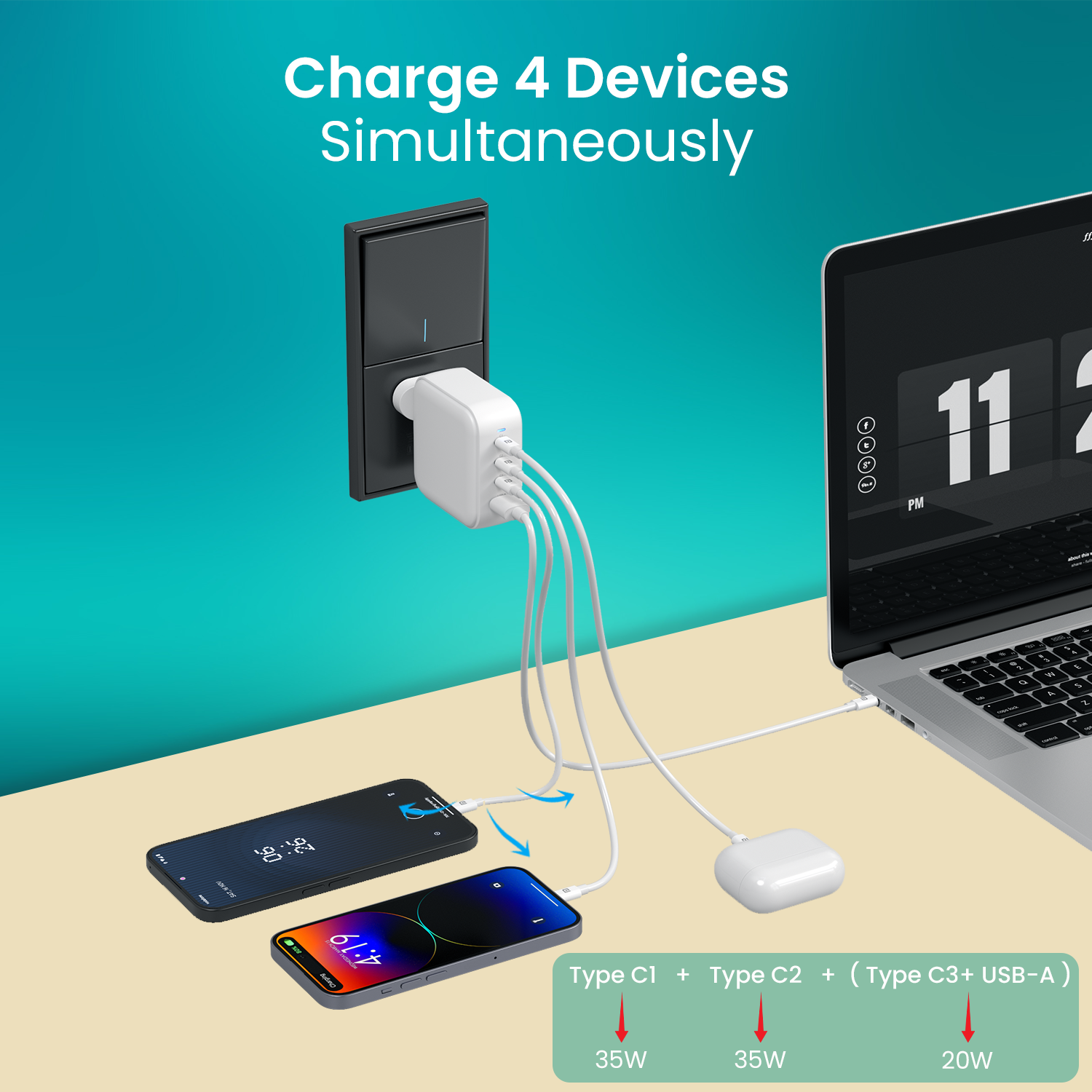 100W Type C adapter Adapto 100 Pro featuring dual fast charge compatibility, multiport USB charger hub for simultaneous laptop charger and mobile charger usage, engineered for high efficiency conversion and reduced heat generation
