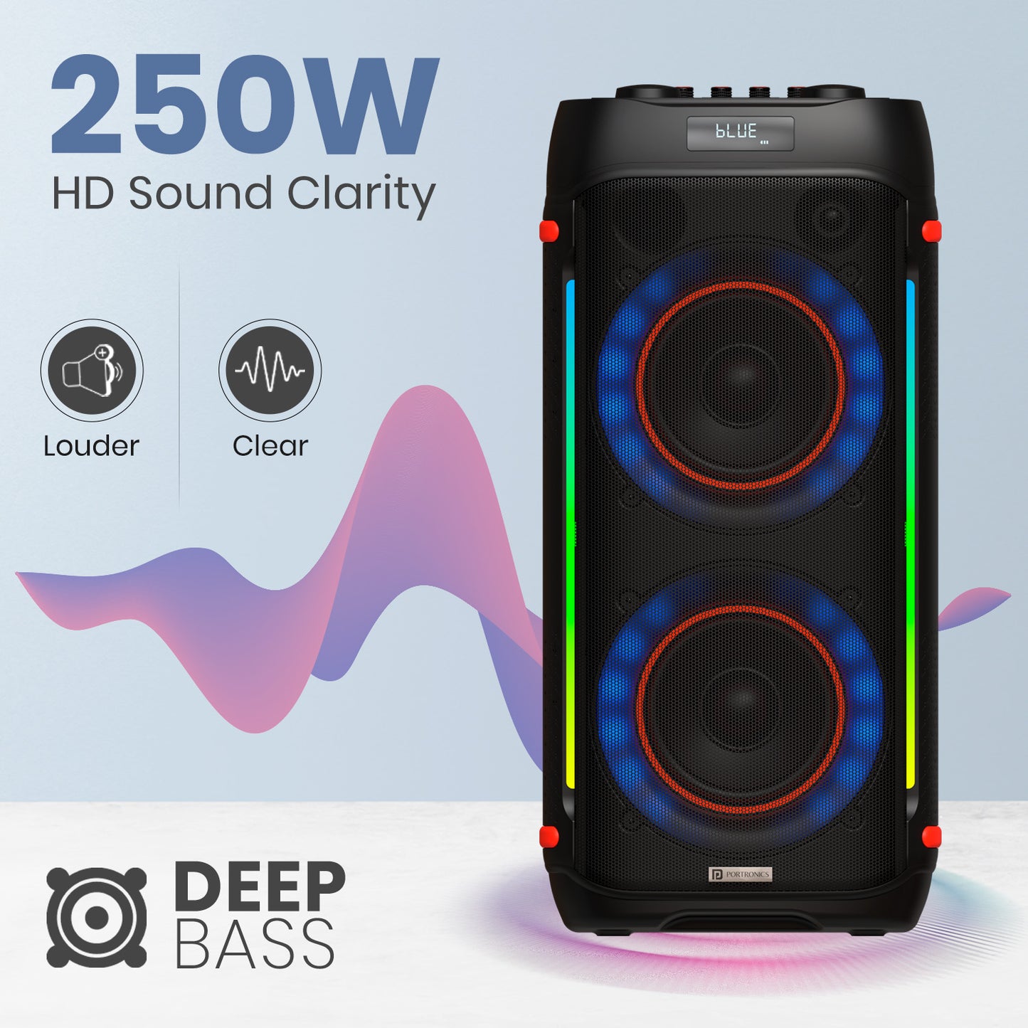 250W Bluetooth party speaker Portronics Iron Beats IV with remote control, powerful sound output, and colorful lighting effects| 250w wireless party speaker by portronics at best price