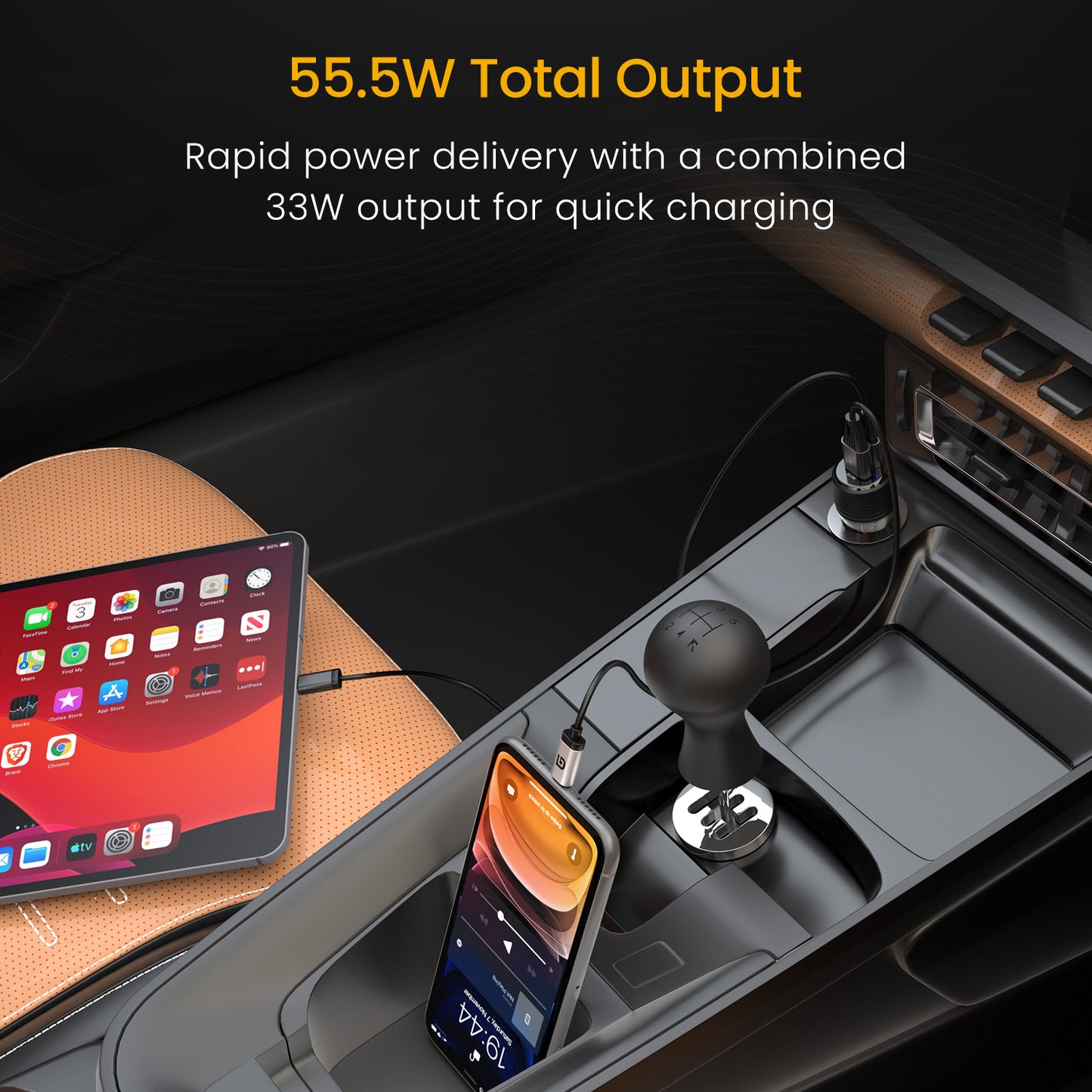 55.5W car charger Portronics Car Power View Plus, dual USB fast charging for iPhone, Android, and car accessories, premium transparent design.