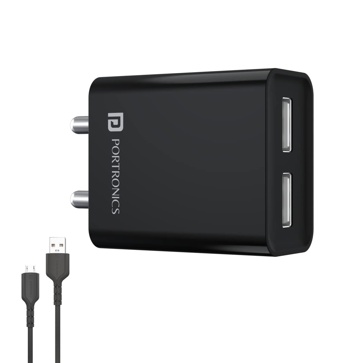 Black| portronics adapto 66 dual usb port mobile charger online| best portronics charger for mobile at best price| 