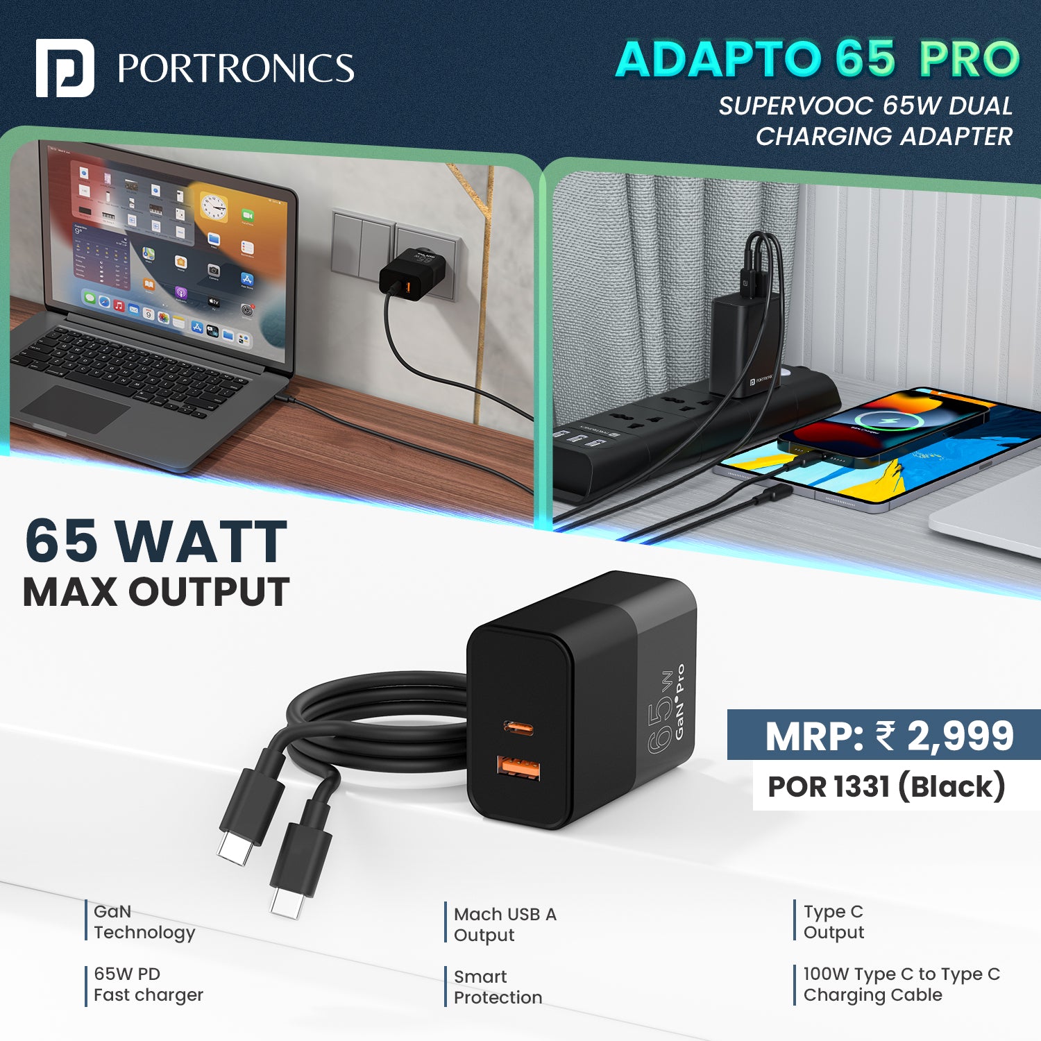 Adapto Code Buy Portronics Adapto 65 Pro Dual Ports 65W Fast Wall Charger