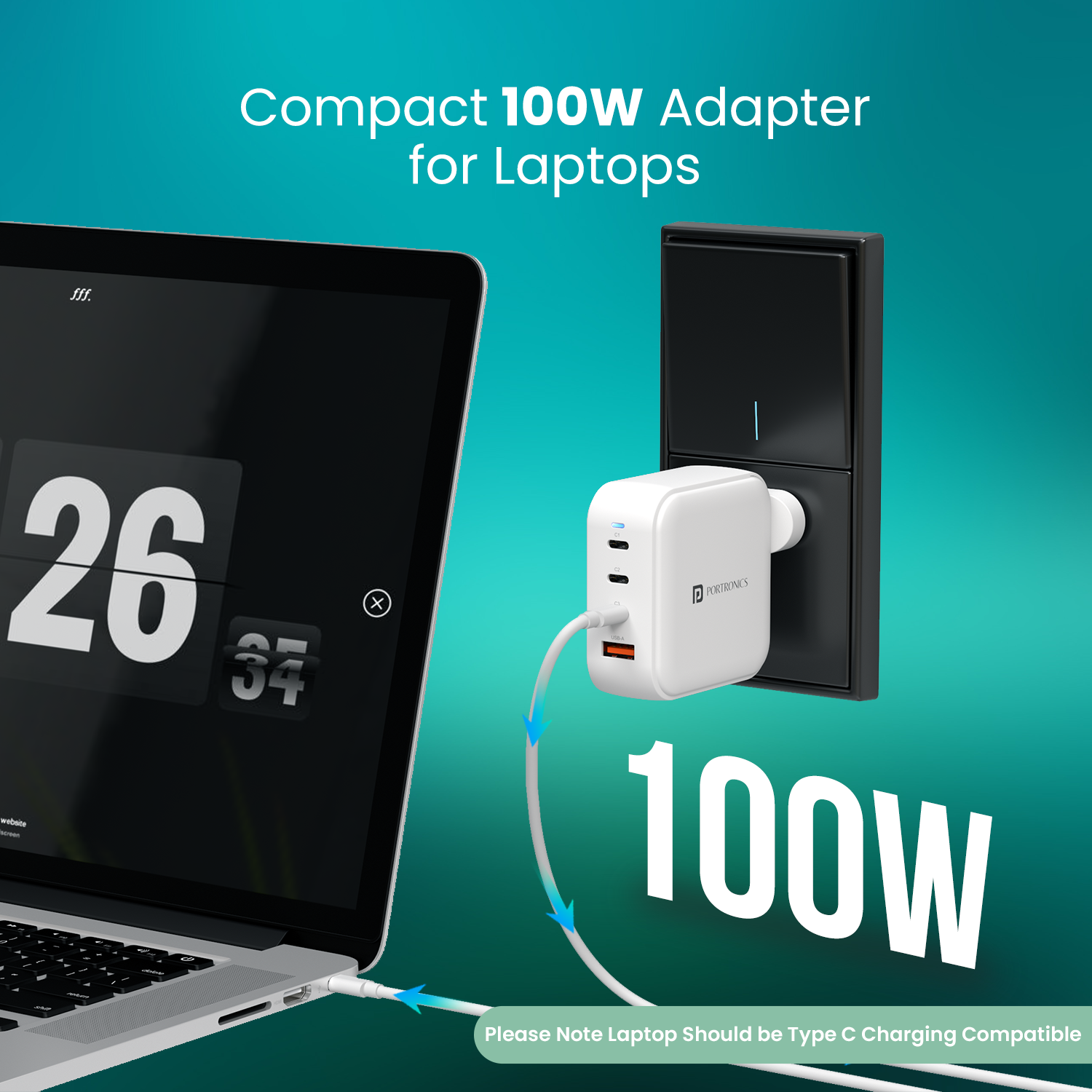 Adapto 100 Pro 100W USB Charger with advanced GaN semiconductor architecture, Type C PD Charging Adaptor for MacBook, Type-C laptops, iPad Pro and smartphones, multi USB charger with smart power distribution and thermal management system