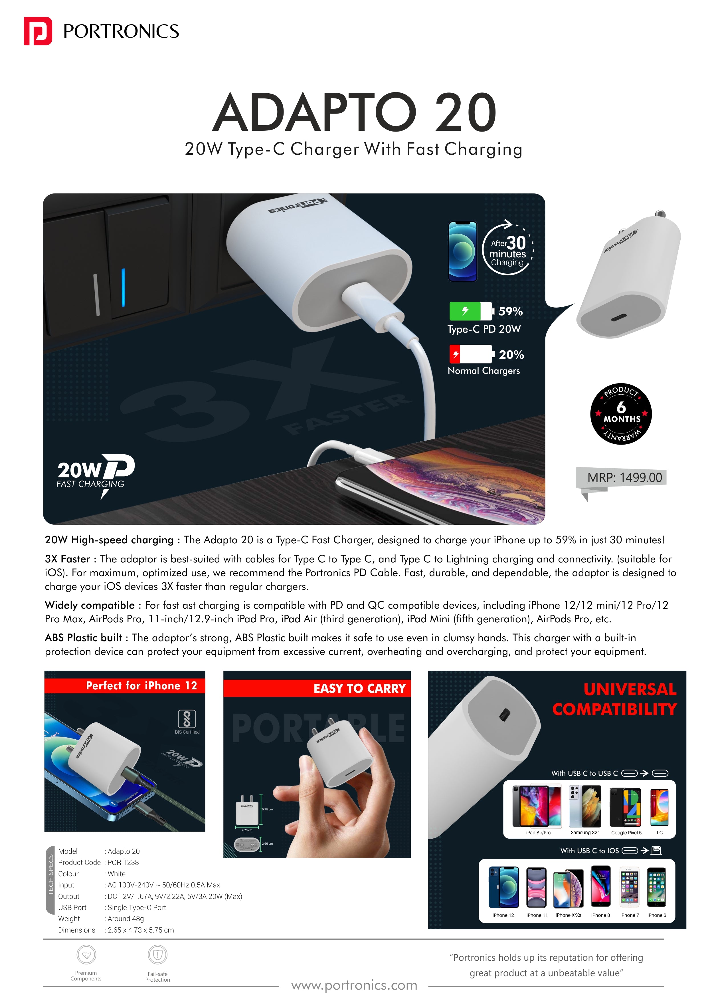 Adapto Code Shop Adapto 20 - 20W Type-C PD Charger/Adapter with Fast Charging ...