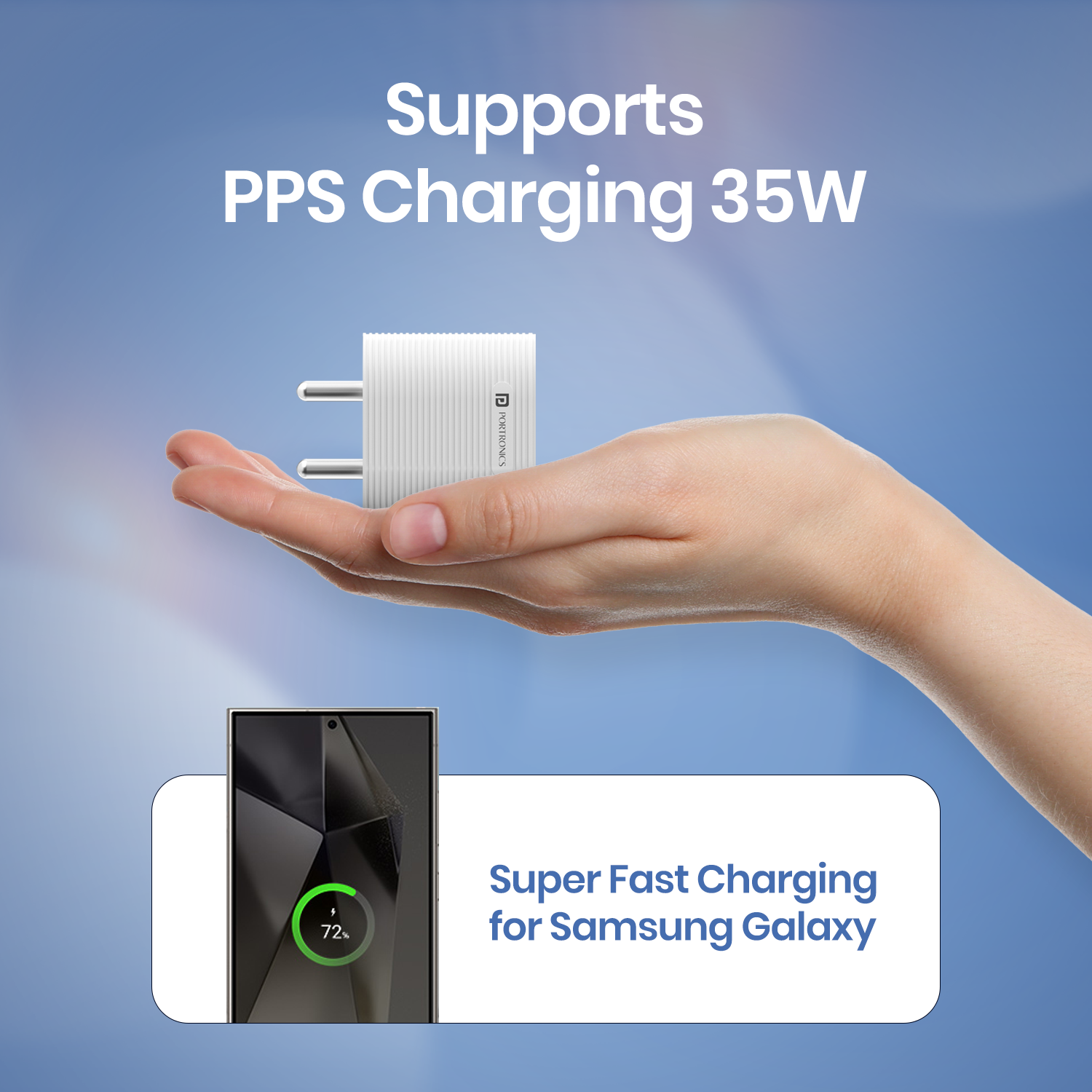 Adapto 35G laptop charger with GaN technology for improved efficiency, reduced heat, and universal compatibility with Type C devices.