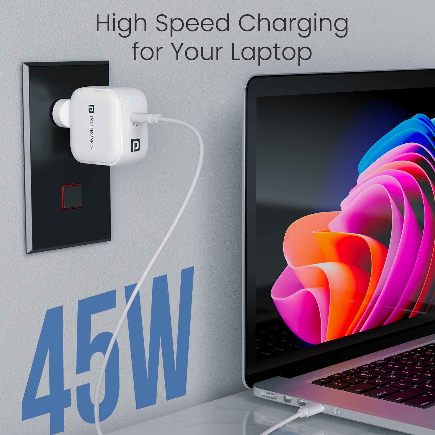Portronics Adapto 45C Type-C Charger for Mobile Phones, Laptops, Tablets, and More with USB-C PD and Fast Charge Support