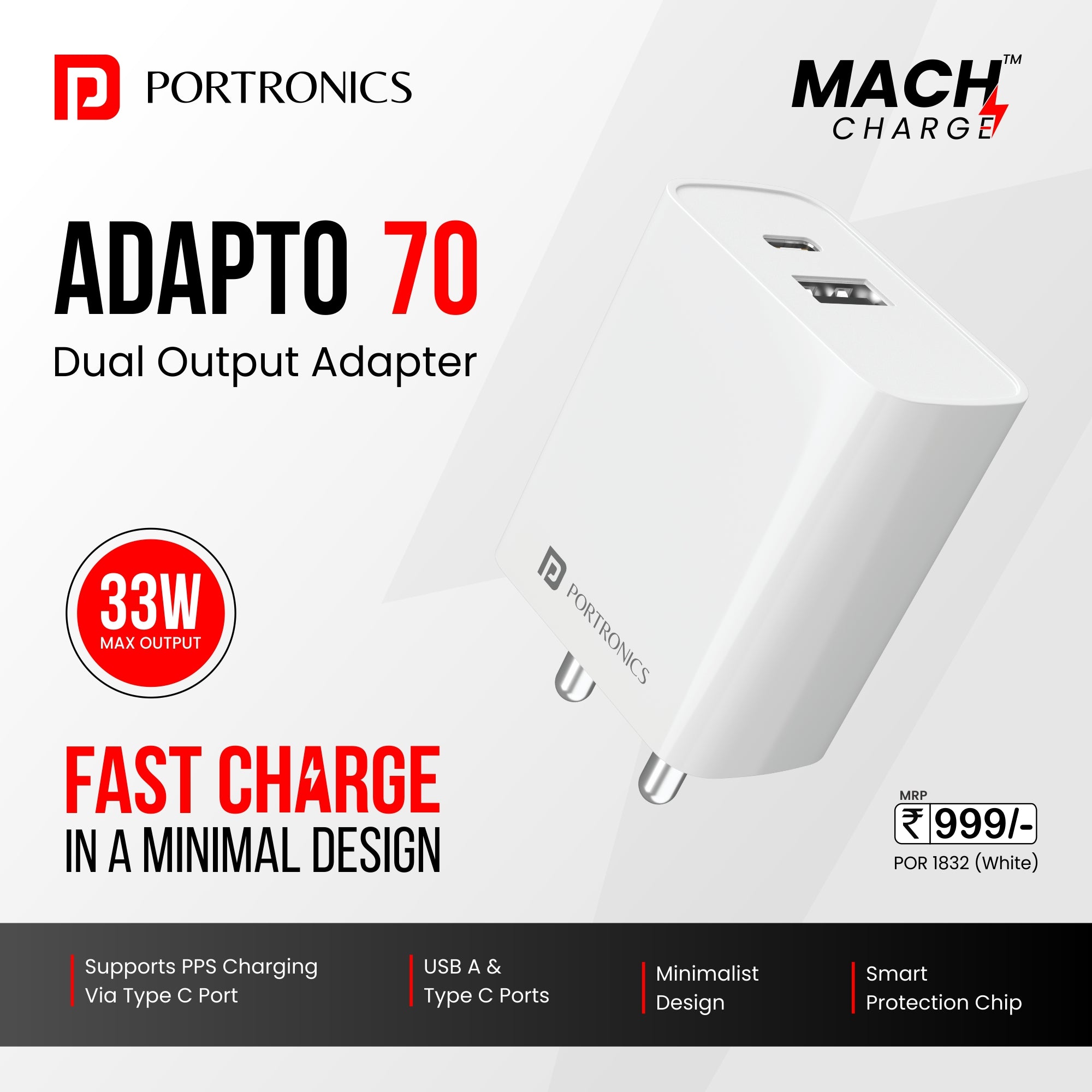 Adapto Code Buy Portronics Adapto 70 33 W type C fast charger for iOS & Android